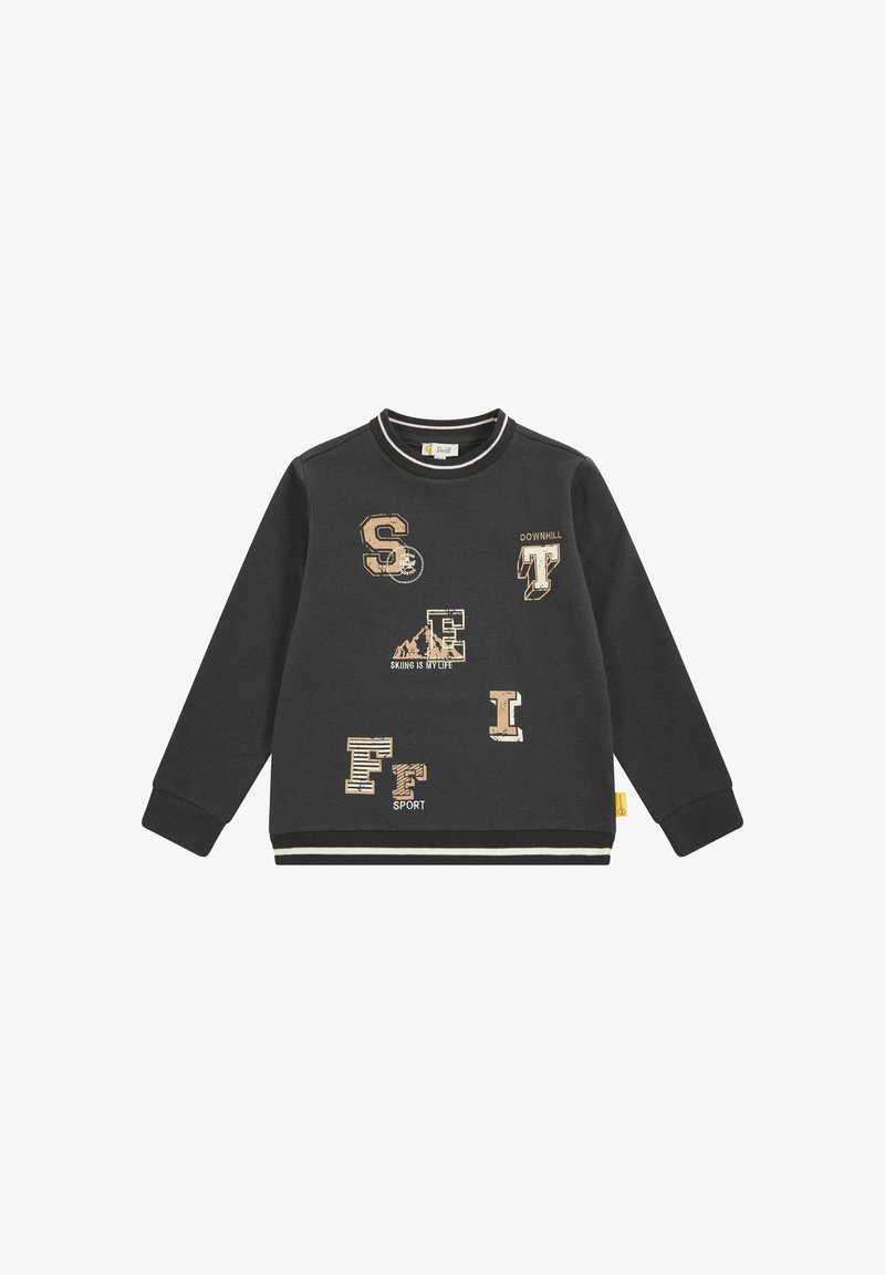 Felpa nera con maniche lunghe, collo rotondo e polsini a costine. Presenta toppe testurizzate e testo stampato in beige, inclusa la parola "DOWNHILL."