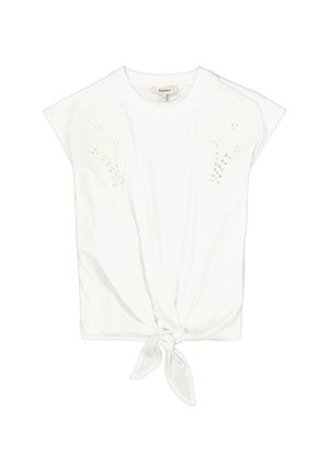 Blouse blanche à manches courtes avec col rond, broderie florale délicate près des épaules, et nœud à nouer à l'avant sur l'ourlet.