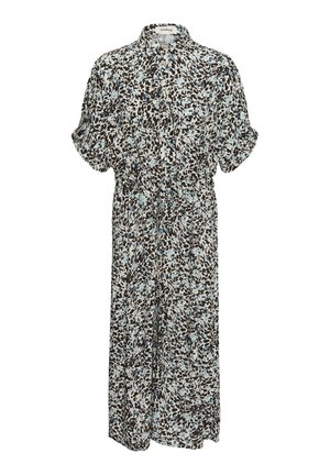 Rochie midi cu model floral abstract albastru și negru, mâneci scurte, nasturi în față și talie strânsă cu o curea de legat.