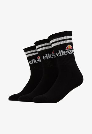 Black crew socks featuring a ribbed texture, white stripes at the top, and a logo on the side. Pack of three pairs.