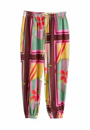 Pantalones de corte holgado con cintura y puños elásticos, con patrones geométricos y florales coloridos en tonos verdes, amarillos, rosas, rojos y marrones.