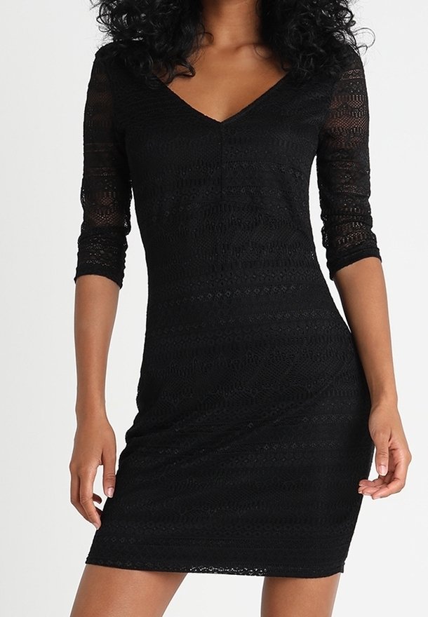 Black fitted dress with a V-neck, three-quarter sleeves, and textured pattern. Made of a soft, lightweight fabric, ending above the knees.