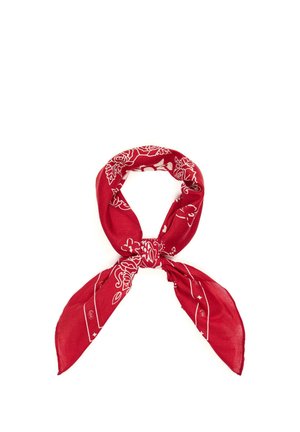 Red cotton bandana with white floral and paisley patterns, tied in a loose knot with two ends hanging down.