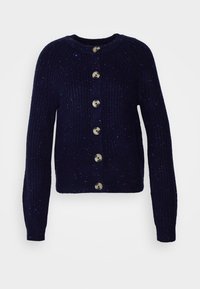 Marinblå ribbad cardigan med långa ärmar, prydd med sex stora, runda metallknappar och subtila flerfärgade prickar genom hela plagget.