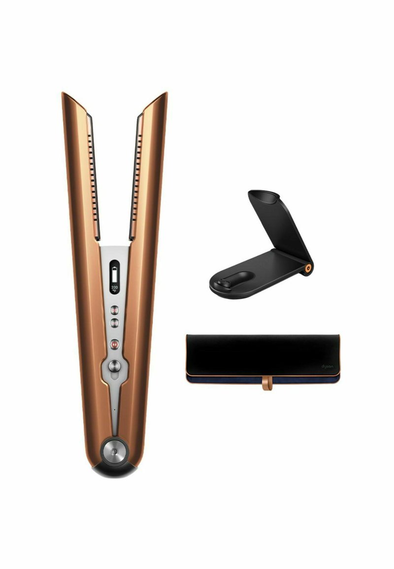 Piastra per capelli color rame con display digitale, tappetino pieghevole nero resistente al calore e custodia nera con rifiniture marroni.