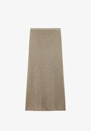 Gonna midi beige in maglia con taglio dritto, leggermente svasato e texture sottile, mostrata su sfondo bianco.