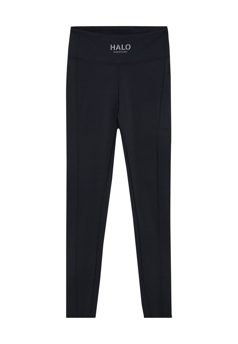 Svarta leggings med en jämn textur, med en bred midja och sidofickor. Varumärket "HALO" är tryckt på den främre midjan.