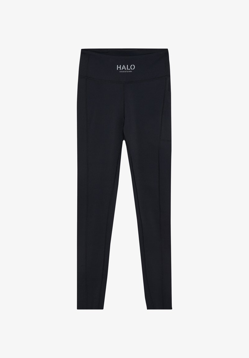 Svarta leggings med en jämn textur, med en bred midja och sidofickor. Varumärket "HALO" är tryckt på den främre midjan.