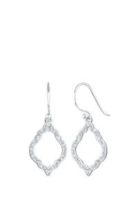 Silberne Tropfohrringe mit einer dekorativen, geschwungenen Umrandung und einem Rand aus kleinen klaren Kristallen. Leichtes Haken-Design für einfachen Tragekomfort.