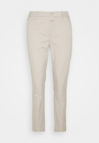 Pantalon chino en coton beige avec une coupe droite, des poches avant et une fermeture par bouton. Texture lisse avec une coupe classique et ajustée.