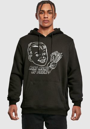 Black hoodie featuring a front graphic of a cartoon boy holding money, with the text "MAKE MONEY NO FRIENDS" in white. Adjustable drawstring hood.