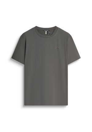 Donkergrijze T-shirt met korte mouwen, ronde halslijn, gestructureerde stof, subtiel reliëf logo op de borst, rechte zoom met minimale details.