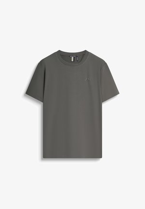Donkergrijze T-shirt met korte mouwen, ronde halslijn, gestructureerde stof, subtiel reliëf logo op de borst, rechte zoom met minimale details.