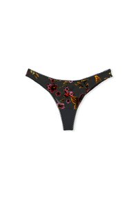 Floral lace thong with a dark gray background, featuring multicolored embroidered flowers and a scalloped waistband.