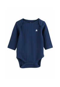 Body en jersey côtelé bleu marine à manches longues, fabriqué en tissu doux, avec une petite étoile blanche en accent. Fermetures à snap au fond pour un habillage facile.