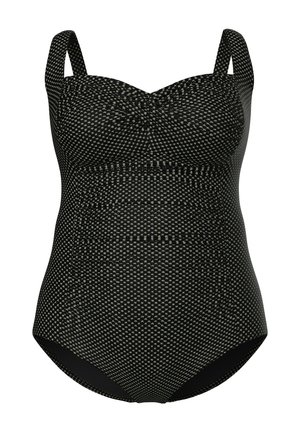 Zwart eenstukbadpak met klein wit geruit patroon, brede schouderbanden en geplooide buste-detail.