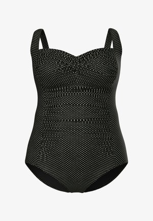 Zwart eenstukbadpak met klein wit geruit patroon, brede schouderbanden en geplooide buste-detail.