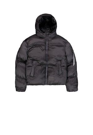 Doudoune noire avec capuche, dotée d'une fermeture éclair à l'avant, texture matelassée et deux grandes poches avant. Poche zippée sur le côté pour un rangement supplémentaire.