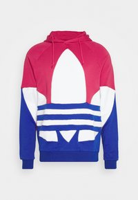 Hoodie i rosa, vitt och blå färgblock. Har en stor logotypdesign med ränder, tillverkad av mjukt tyg och ribbade muddar.