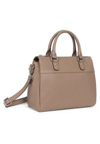 Borsa a mano in pelle taupe con manici superiori doppi, tracolla rimovibile, hardware in tonalità argento, forma strutturata e dettagli di accento minimali.