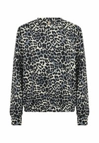 Sweatshirt à imprimé léopard dans des tons noir, gris et crème ; tissu texturé ; poignets et ourlet côtelés ; col rond ; design décontracté.