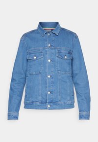 Blue denim jacket with front button closure, two chest flap pockets with buttons, and side pockets, displayed on a white background.