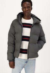 Grå oppustelig jakke med hætte, med lynlås foran, båret over en hvid sweater med røde og marineblå striber. Lyseblå jeans.