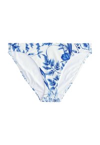 Balta bikini kelnaitė su mėlynu gėlių raštu, sukurta su lygiu tekstūru ir vidutinio aukščio kirpimu, užtikrinančiu komfortą ir tinkamumą.