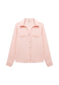 Light pink blouse made of smooth fabric, featuring a collar, button front, and two breast pockets. Long sleeves with buttoned cuffs.