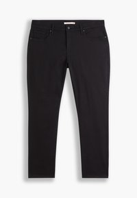 Černé džíny slim fit, s přední kapsou na mince, pěti poutky na opasek a kontrastními švy. Hladká textura.