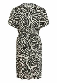 Robe à manches courtes avec imprimé zèbre noir et blanc, taille cintrée et ourlet à hauteur des genoux, vue de dos.