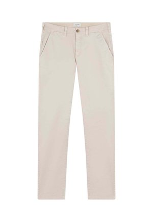 Chino din bumbac bej cu design slim fit, având două buzunare laterale, închidere cu nasture și detalii de cusătură discrete pe cusături.