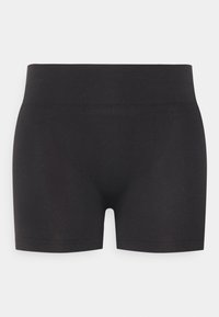 Black stretchy shorts made from a smooth fabric, featuring an elasticated waistband and a fitted design. No visible patterns or hardware.