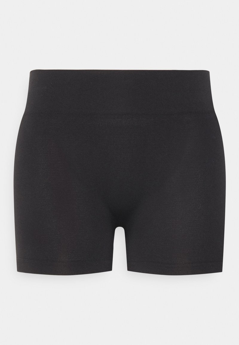 Black stretchy shorts made from a smooth fabric, featuring an elasticated waistband and a fitted design. No visible patterns or hardware.
