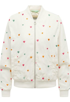 Weißer Bomberjacke mit Reißverschluss, Rippkragen, Bündchen und Saum, verziert mit verstreuten kleinen rosa, orangefarbenen und grünen Herzmustern.