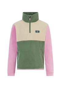 Fleece pullover met een hoge kraag, gekenmerkt door olijfgroene, beige en roze kleurvlakken, en een voorkant met rits. Bevat een logo patch op de borst.
