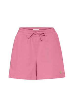 Pink cotton blend shorts with an elastic waistband and drawstring, featuring a small gold logo accent on the lower left side.