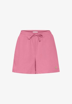 Růžové šortky z bavlněné směsi s elastickým pasem a šňůrkou, které mají malou zlatou logovou ozdobu na dolní levé straně.