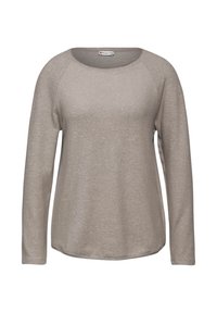 Jasnobrązowa bluzka z długim rękawem i okrągłym dekoltem, wykonana z miękkiej, teksturowanej tkaniny, z raglanowymi rękawami i zakrzywionym dołem.