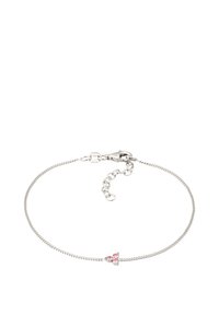 Silver bracelet with a delicate chain design, featuring pink gemstones in a bow shape. Includes a lobster clasp and adjustable chain for sizing.