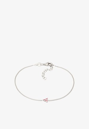 Zilveren armband met een delicate kettingontwerp, met roze edelstenen in een strikvorm. Inclusief een karabijnsluiting en een verstelbare ketting voor maat.}}