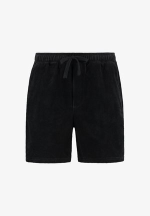 Černé kordové šortky s elastickým pasem a nastavovací šňůrkou, které mají vertikální přízkovou strukturu a délku do poloviny stehna.