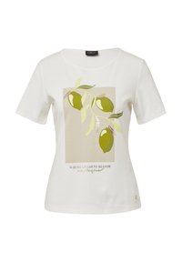 Korte mouw, witte katoenen t-shirt met een groene olijfboomtak afbeelding en de tekst "WAAR TUINEN BLOEIEN" eronder gedrukt.