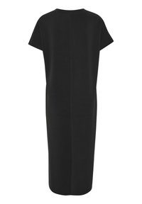 Černé, volné šaty s krátkými rukávy, kulatým výstřihem a rovnou siluetou. Tkanina vypadá měkce a má minimalistický design.