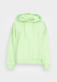 Felpa verde chiaro con tasca a marsupio, cappuccio con cordino e logo ricamato sul petto. Tessuto morbido con polsini a costine.