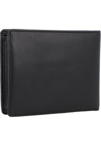Portafoglio in pelle nera con una texture liscia, design bifold e cuciture visibili lungo i bordi. Forma compatta senza decorazioni.