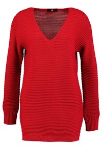 Roter Strickpullover mit langen Ärmeln, gerippter Textur, V-Ausschnitt und entspannter Passform. Verfügt über einen geraden Saum und seitliche Schlitze.