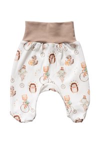 Białe spodnie dla niemowląt z beżowym pasem w talii, ozdobione ilustracjami zwierząt jeżdżących na vintage rowerach i grających na bębnach.