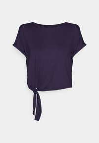 Crop top i mørk marineblå stoff med løs passform, rund halslinje, rullede ermer og knytedetalj i siden ved nederste del. Glatt tekstur.