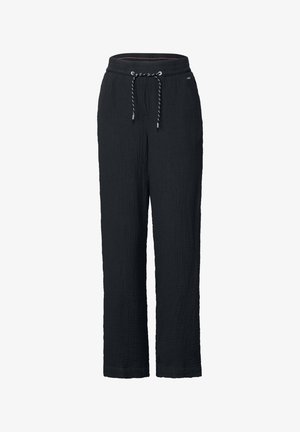 Schwarze, strukturierte Hose mit lockerer Passform, ausgestattet mit einem elastischen Bund und verstellbarem Kordelzug. Gerades Bein Design ohne Muster.